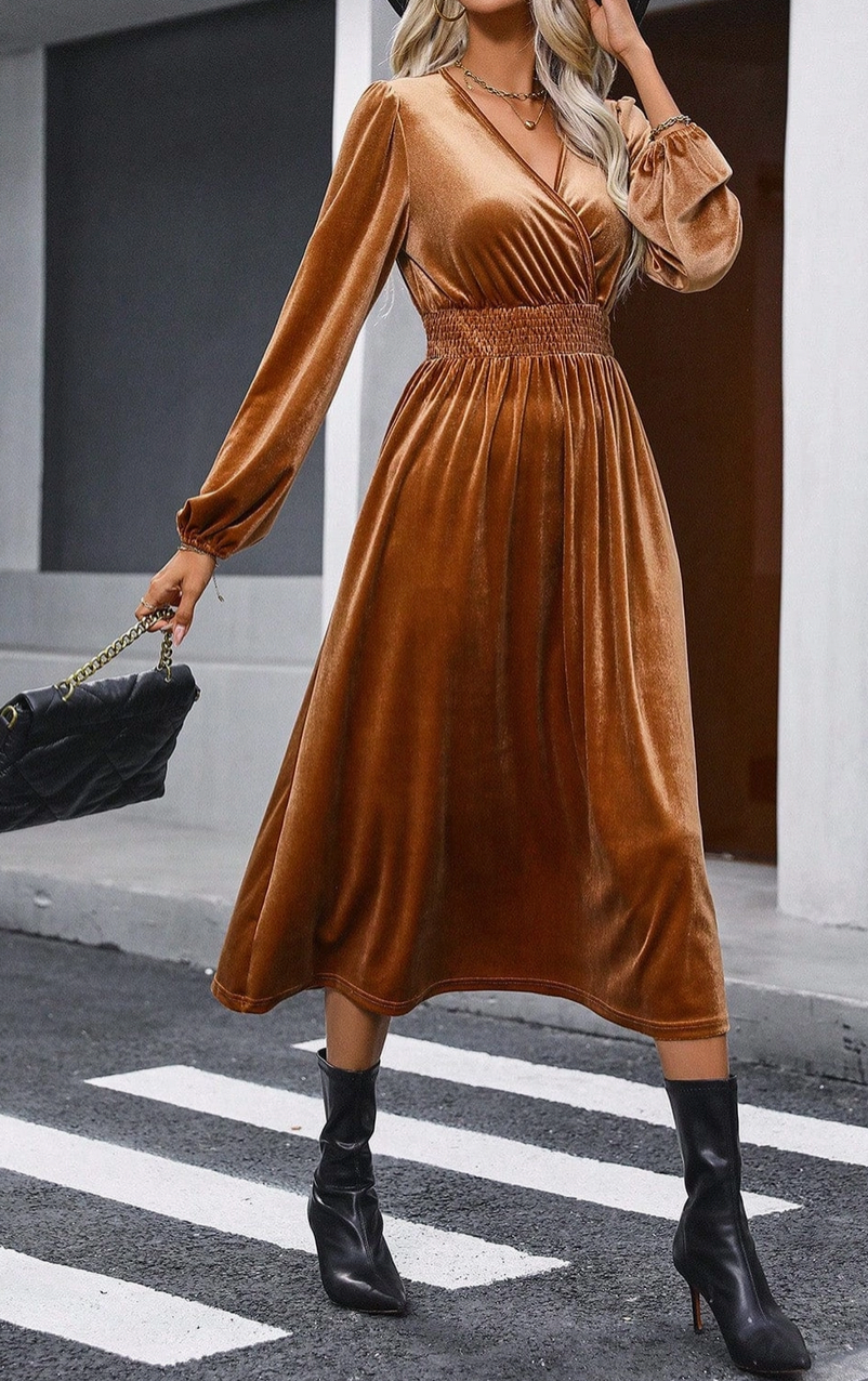 Sierra Smocked High Waist Velvet Dress | S-Xl