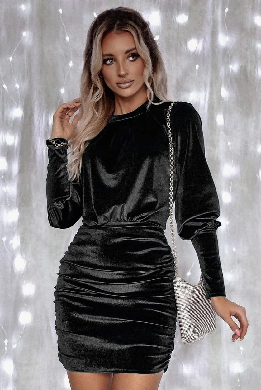 Velvet Puff Sleeve Holiday Dress | S-Xl