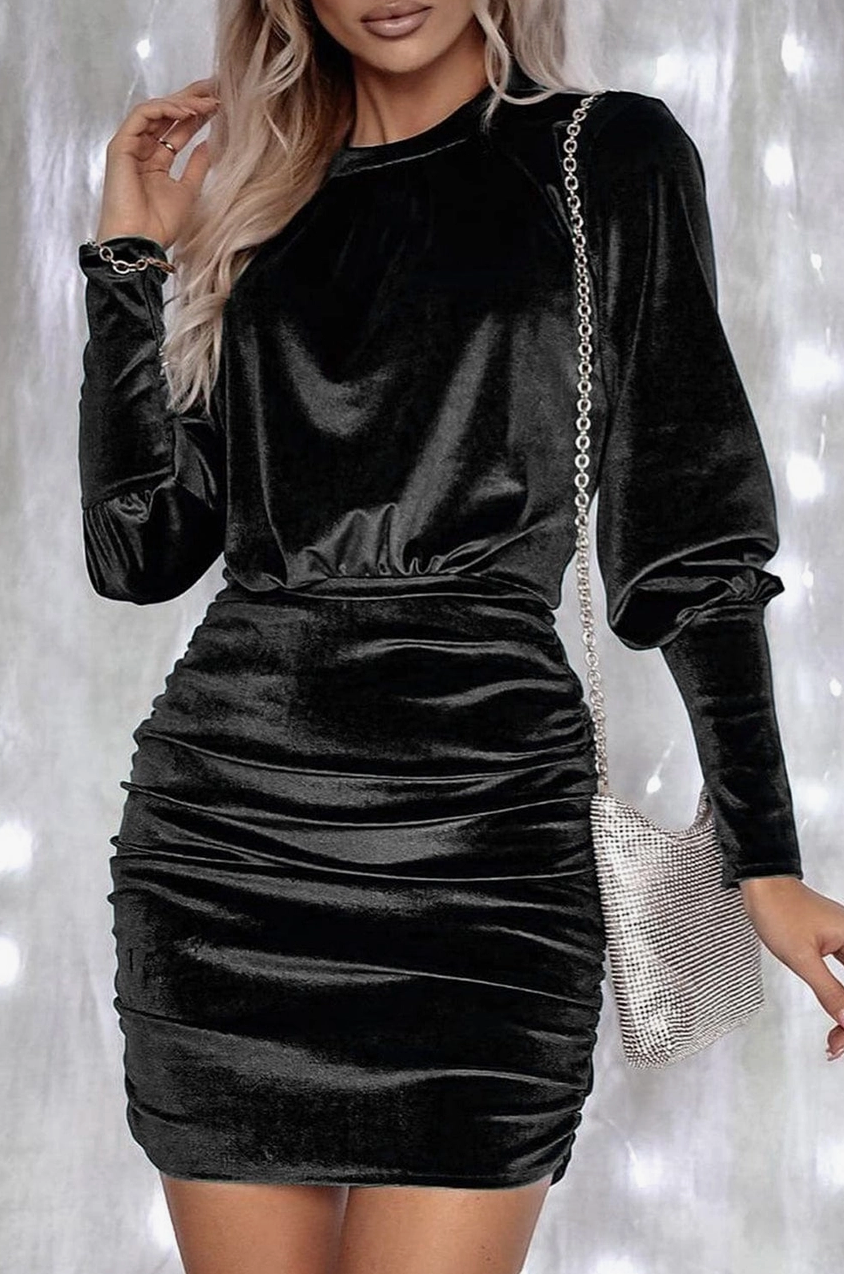 Velvet Puff Sleeve Holiday Dress | S-Xl